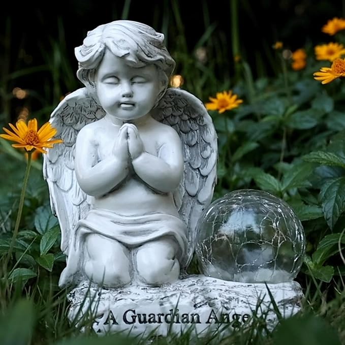 Angel Decor Praying Cherubs Statue Garden Decor, Angel Garden Figurines Outdoor Decoration,Baby Angel Garden Statue with Solar Crackle Glass Globe for Lawn Patio Decorations