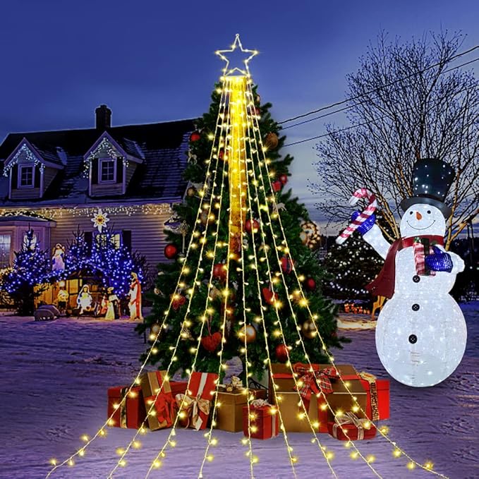 cerflyer (New) Christmas Decoration, String Lights with 12/'' Iron Star Tree Topper, 320 LED 8 Modes Waterproof Indoor Outdoor for Home, Christmas, Holiday - Warm White, YLS1000WD01