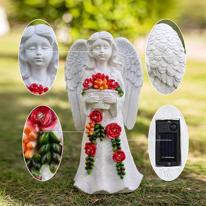 Angel Garden Statue Figurines Light Decoration Outdoor Solar Angels with 8 Led Lights Outside Resin Sculpture Art Decor Patio Lawn Yard Housewarming Gifts for Women Grandma Mom