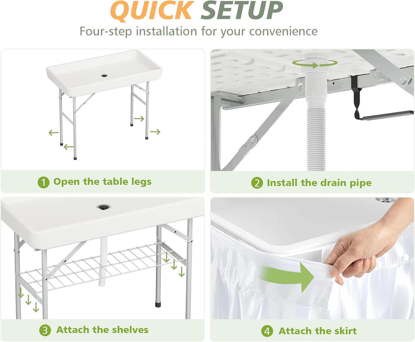 4 Foot Ice Cooler Table with Matching Skirt & Drain Hose, with Iron Stand, Portable Patio Outdoor Chilling Table Portable Bar for Events for Party, Picnic, BBQ, Camping (White)