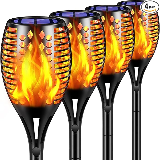 TomCare Solar Lights Upgraded, 43" Waterproof Flickering Flames 96 LED Torches Lights Outdoor Solar Landscape Decoration Lighting Dusk to Dawn Auto On/Off Pathway Lights for Garden Patio Driveway (4)