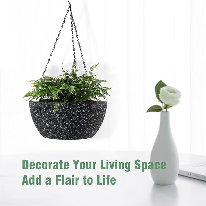 10 inch Hanging Planters for Outdoor Indoor Plants with Drainage Holes and Chain, 2 Pack Round Hanging Flower Pots for Garden Home Porch Decor, Speckled Black