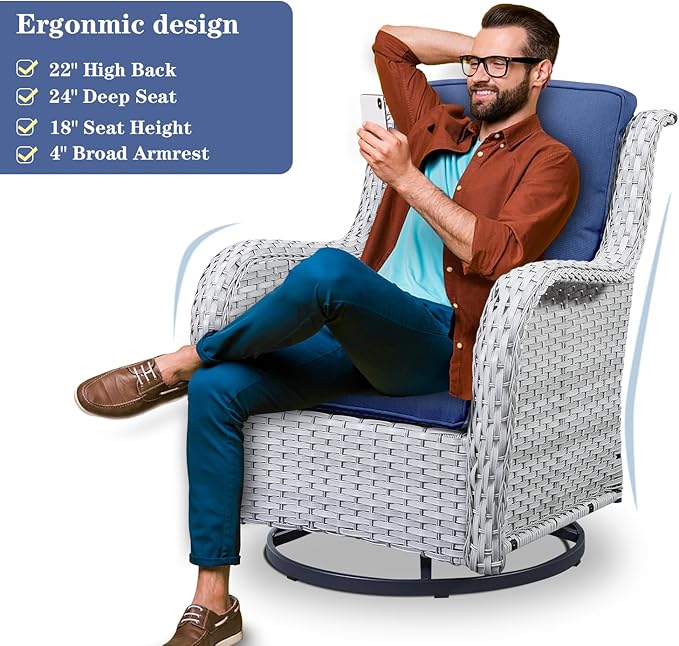 Outdoor Swivel Rocker Furniture 5 Pieces Patio Wicker Furniture Sets, Rattan Patio Swivel Glider Chairs with 2 Ottoman and Glass Side Table
