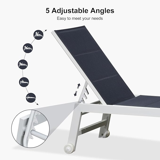 PURPLE LEAF Outdoor Chaise Lounge Set Oversize Adjustable Sunbathing Recliner Extra Wide Lounge Chairs with Side Table for Poolside Beach Outside Patio Aluminum Chaise Lounger Navy Blue