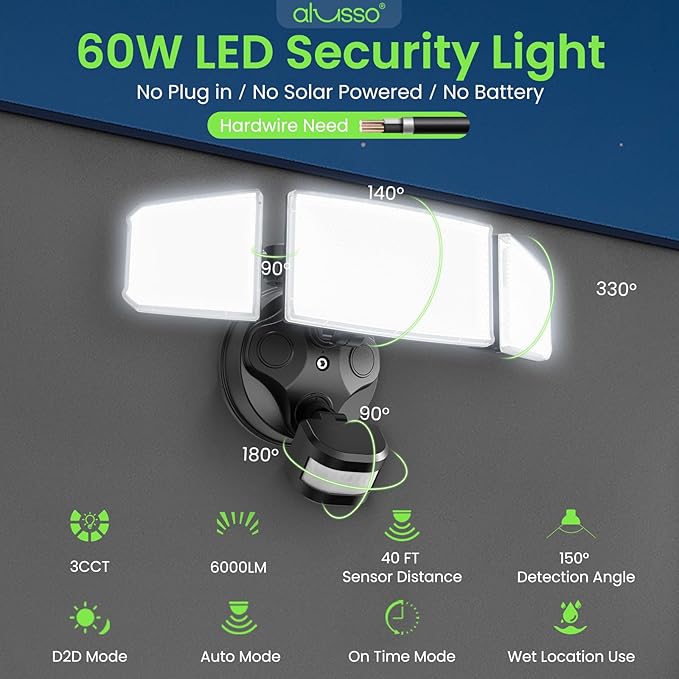 ALUSSO® LED Security Lights Motion Sensor, 60W 6000LM 3 Modes Flood Lights Outdoor Motion Sensor, 3CCT 3 Heads Outdoor Security Light Wet Location Use for House Garage Yard Walkway Black