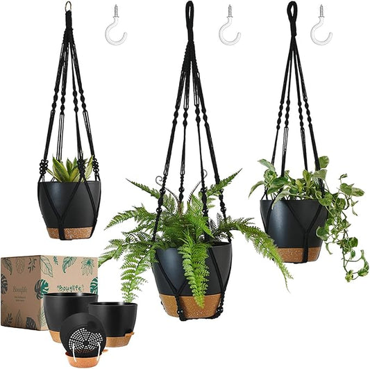 3 Pack Self Watering Hanging Planters Macrame Plant Hangers with Indoor Flower Pots 10" / 8" / 7", 3 Different Size Hanging Basket, Plant Hanger with Hooks for Garden Home Decor Black Large