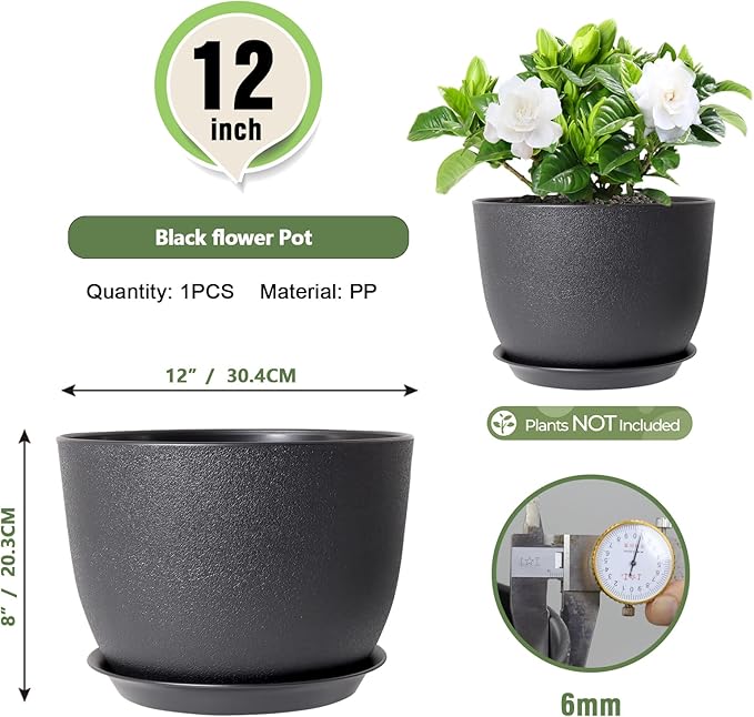12 inch Large Plant Pots, Plastic Planters with Drainage Holes and Saucers, Flower Pots for Indoor Outdoor Plants, Modern Decorative Pots for Garden House Plants, Black