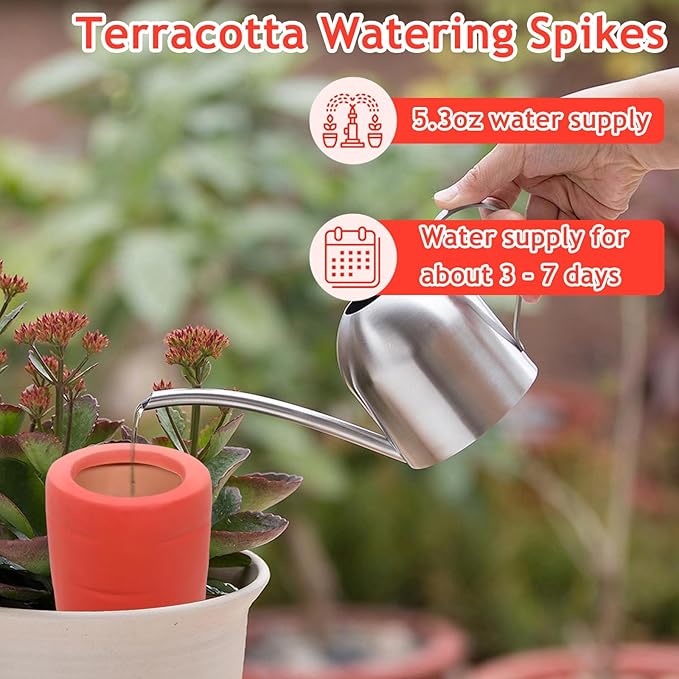 4PCS Terracotta Watering Spikes - Automatic Self-Watering Stakes, Vacation Plant Waterer for Wine Bottle, Perfect for Indoor & Outdoor Plants