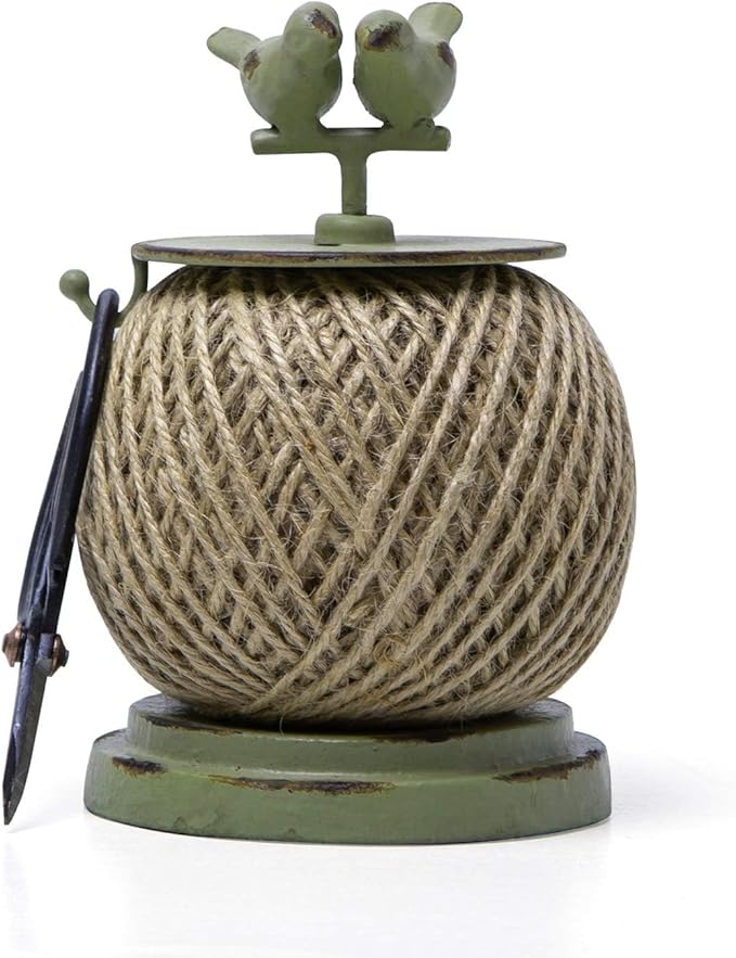 SOFFEE DESIGN Vintage Jute Twine Spool with Scissors Holder Set for Garden Farmhouse Kitchen Antique Twine and Scissors Set Green Birds