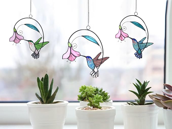 Lolitarcrafts Stained Glass Hummingbird Window Hangings with Flowers, Bird Stained Glass Suncatcher for Window Decor Hummingbird Gifts for Mom,Bird Lovers (Blue with Flower B)