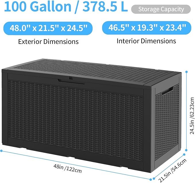 102 Gallon Outdoor Storage Box Waterproof, UV Resistant Resin Deck Box with Hydraulic Rod, Lockable Design and Enhanced Durability for Patio, Garden, and Poolside Use
