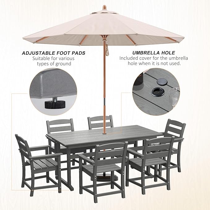 7pcs Outdoor Dining Set, HDPE Patio Dining Set for 6, All-Weather Outdoor Table and Chairs with Umbrella Hole & Adjustable Pads, Modern Patio Furniture Set for Backyard, Poolside &Lawn (Grey)