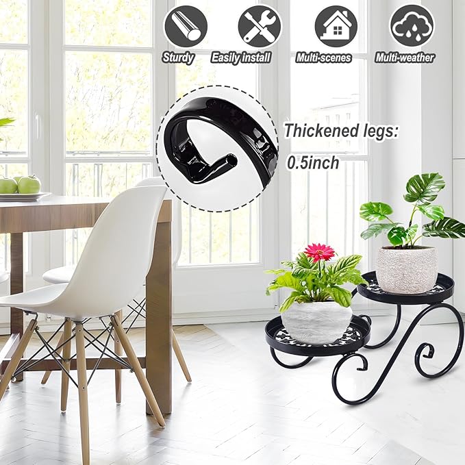 2 Tier Black Plant Stand, Metal Flower Stand Indoor Outdoor, Anti-Rust Iron Plant Shelf, Round Flower Pot Stands for Multiple Plants, Display Rack Potted Plant Holders for Garden Home Decor