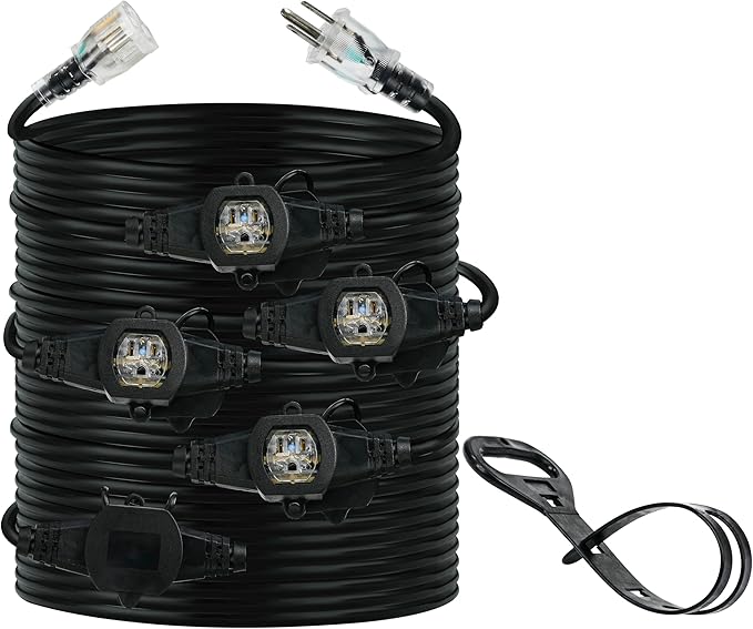 30FT 14 Gauge Multi Outlet Extension Cord, 5 Evenly Spaced Weatherproof Outlets, Great for Stage Backdrops, Landscape Garden Lighting，Christmas Decorations ETL