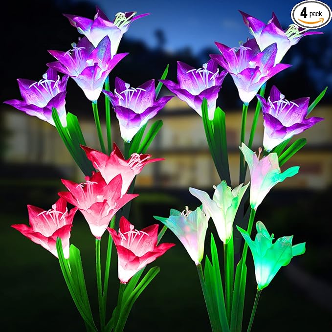 KOOPER Solar Lights, 4 Pack Lily Flower Lights, Waterproof 7 Color Changing - Bigger Solar Panel for Outdoor Patio Yard Garden Decoration