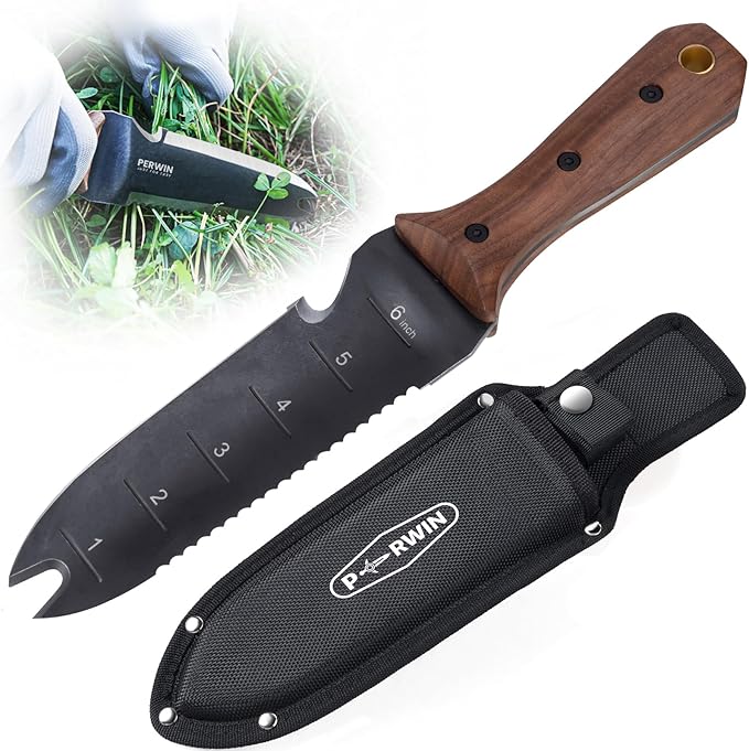 Hori Hori Garden Knife, Garden Tools with Sheath for Weeding,Planting,Digging, 7" Stainless Steel Blade with Cutting Edge, Full-Tang walnut Wood Handle with Hanging Hole