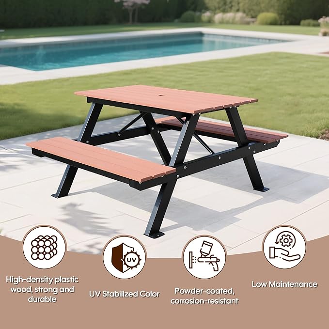 6FT Outdoor Picnic Table and Bench Set with 2" Umbrella Hole, WPC Tabletop Seattop Patio Dining Set for 6 People, Outdoor Dining Table and Chair for Park Garden Yard Patio- Brown