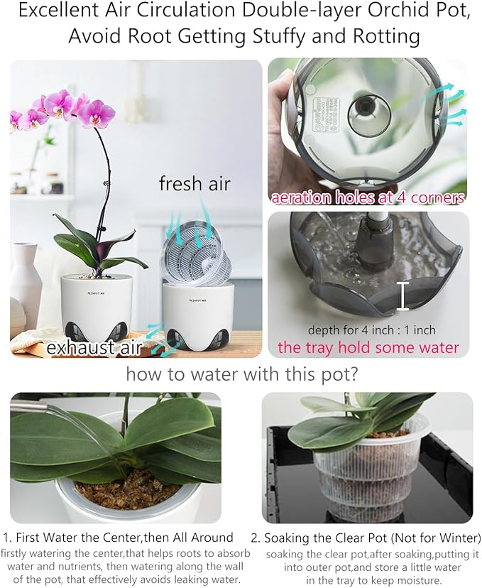 4 inch Orchid Pots with Holes, Set of 2, Double Layer Plastic Imitate Ceramic Planters for Good Air Circulation