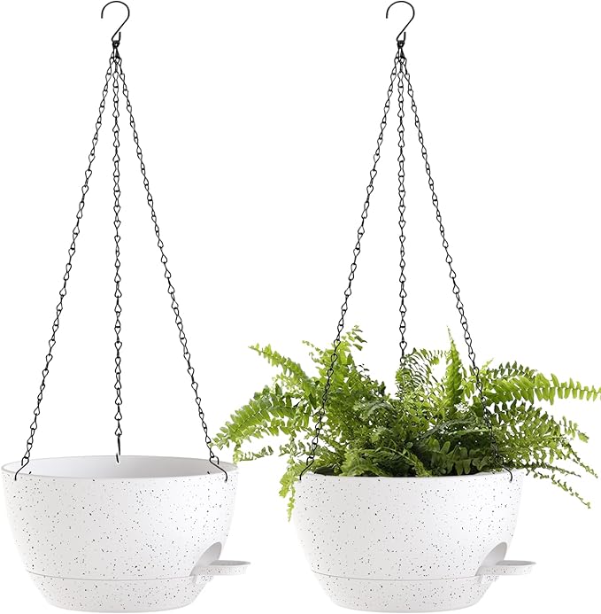 12 Inch Hanging Baskets 2 PC with Chains, Self-Watering Hanging Planters for Indoor Outdoor Plants, Plastic Hanging Flower Pots,Speckled White