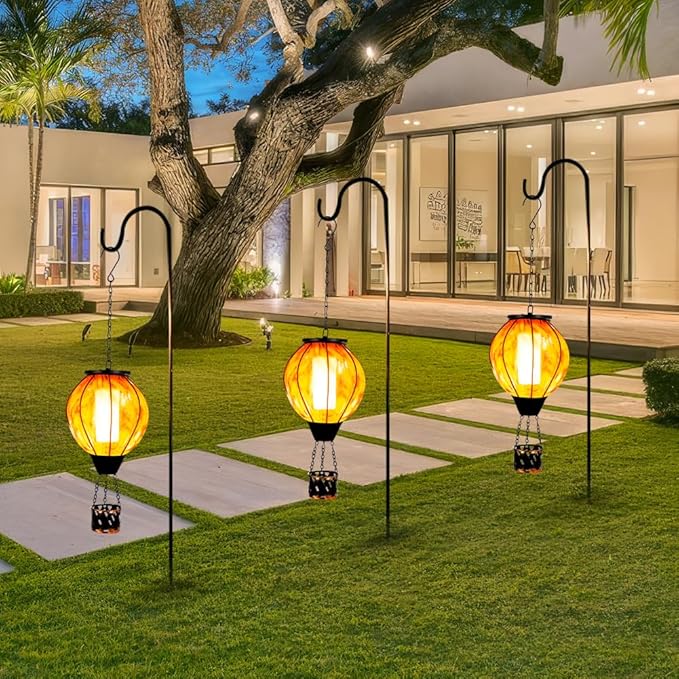 2PCS Hot Air Balloon Solar Lanterns with Flickering Flame,Yellow Glass Hanging Solar Lanterns Outdoor Waterproof Hot Air Balloon Light for Patio Tree Yard Garden Decor,Garden Gift for Women