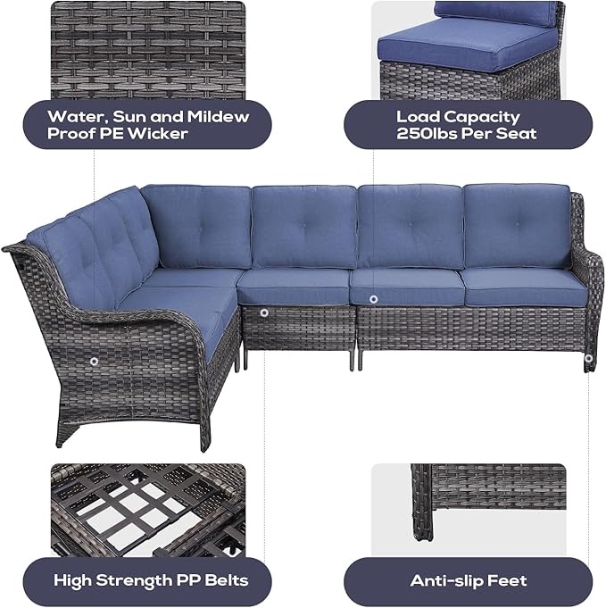 Outdoor Furniture Sectional Sofa L Shaped Couch - Patio Wicker Set with 2 Swivel Glider Chairs, 8 Piece Rattan Patio Conversation Sets with Blue Cushion for Deck Backyard Sunroom