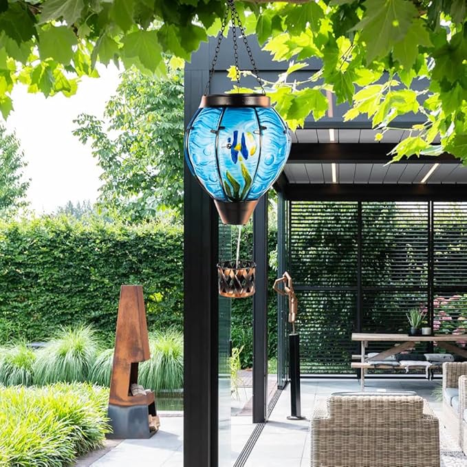 Blue Fish Hot Air Balloon Solar Lantern with Flickering Flame Light,Glass Hanging Solar Lanterns Outdoor Waterproof,Hot Air Balloon Decorative Lights for Patio Yard Porch Garden Gift for Women