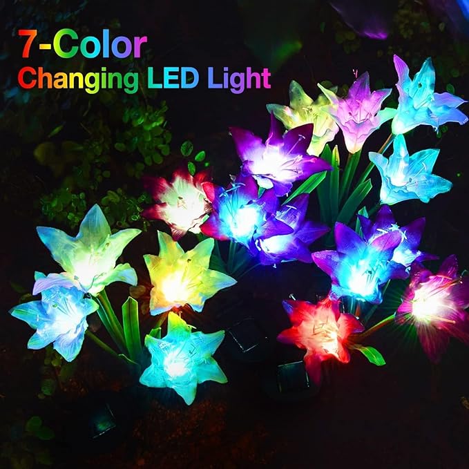 KOOPER Outdoor Solar Lights, 10 Pack Solar Garden Lights with Bigger Lily Flowers, Waterproof 7 Color Changing Solar Lights Outdoor - Bigger Solar Panel for Outdoor Patio Yard Garden Decoration