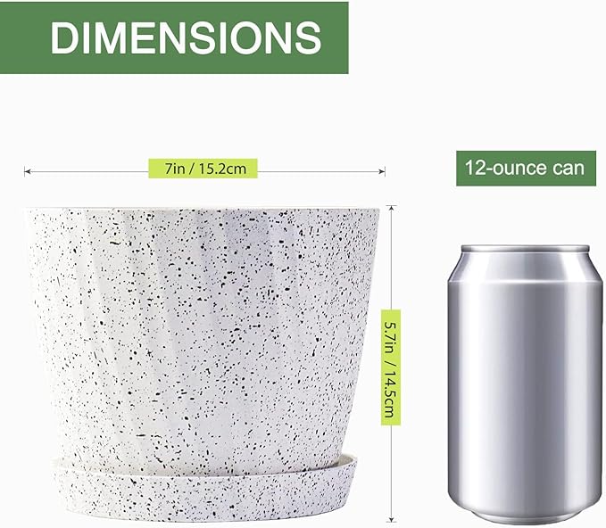 7 Inch Plant Pots Bulk, 6 Pack Plastic Planters with Drainage Holes and Saucers for Indoor Outdoor House Plants and Flowers, White Speckles