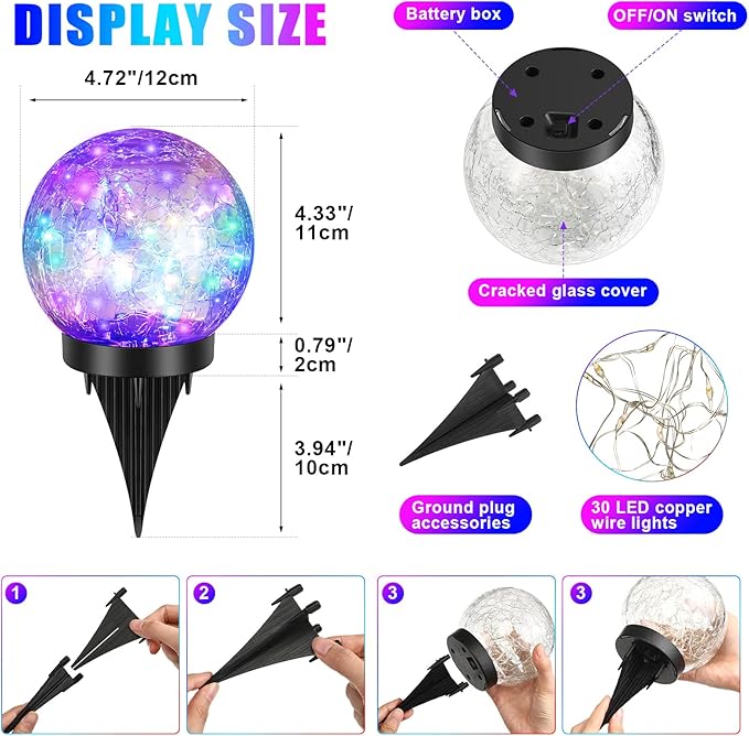 Tuanse 4 Pcs Solar Lights Decorative, Cracked Glass Ball Solar Globe Lights, LED Colored Garden Globes Outdoor for Yard Waterproof Back Yard Landscaping Flower Bed Patio Lawn (Multicolor,4.7 in)