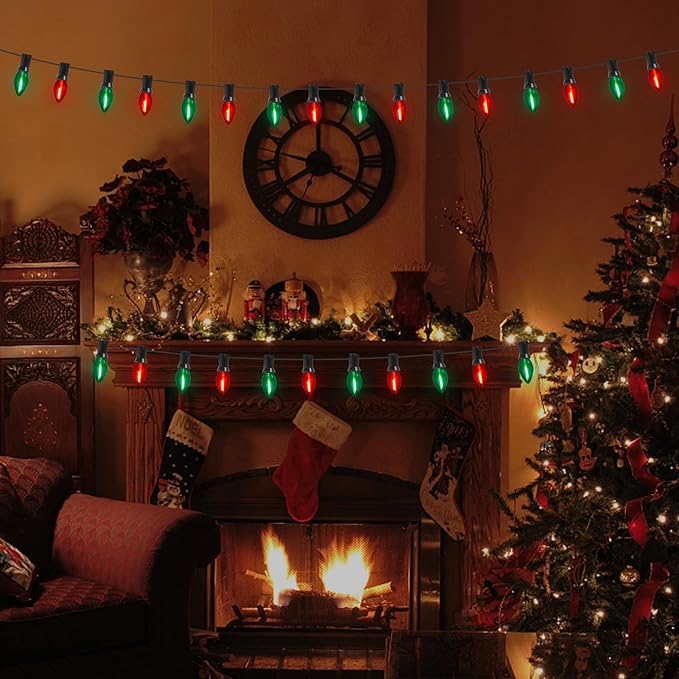 Abeja 25Ft Christmas Lights Multicolor, C7 Red Green Vintage Christmas Lights with 27 Glass Bulbs, Hanging Outdoor String Lights for Holidays, Christmas Prom Party Wedding Decor, Red/Green