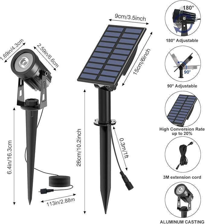 T-SUNUS Solar Landscape Spotlights, Solar Garden Spot Light IP65 Waterproof 9.8ft Cable, 2000mAh Separated Solar Panel, Auto On/Off for Garden Driveway Pathway Pool Area(Warm White 3000K)