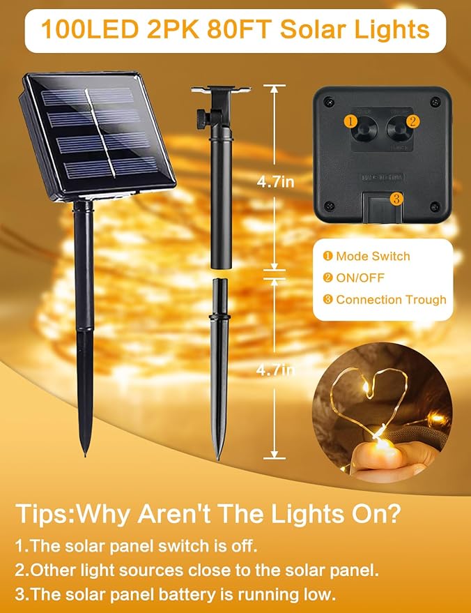 2Pack Solar String Lights Outdoor, 80FT 200LED Solar Fairy Lights, Waterproof Copper Wire & 8 Modes, Solar Twinkle Light for Garden, Tree, Wedding, Christmas Decorations, Patio, Fence (Warm White)