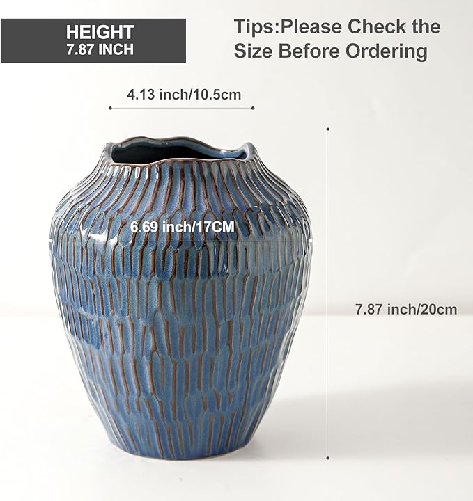 Blue Ceramic Vase for Home Decor,7.8 Inch Flower Vases，Decorative Vase for Pampas Grass，Modern Art Texture Vases for Home Entryway Living Room Dining Table Farmhouse Office Decor- Blue