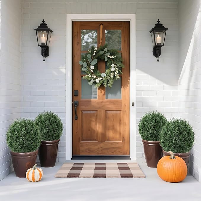 Artificial Cedar Topiary Ball Trees with Ground Spike, 24.6 inche Tall UV-Resistant Fake Outdoor Plants Evergreen Shrubs, Realistic Faux Pine Bushes for Front Porch Home Patio Garden, Set of 4