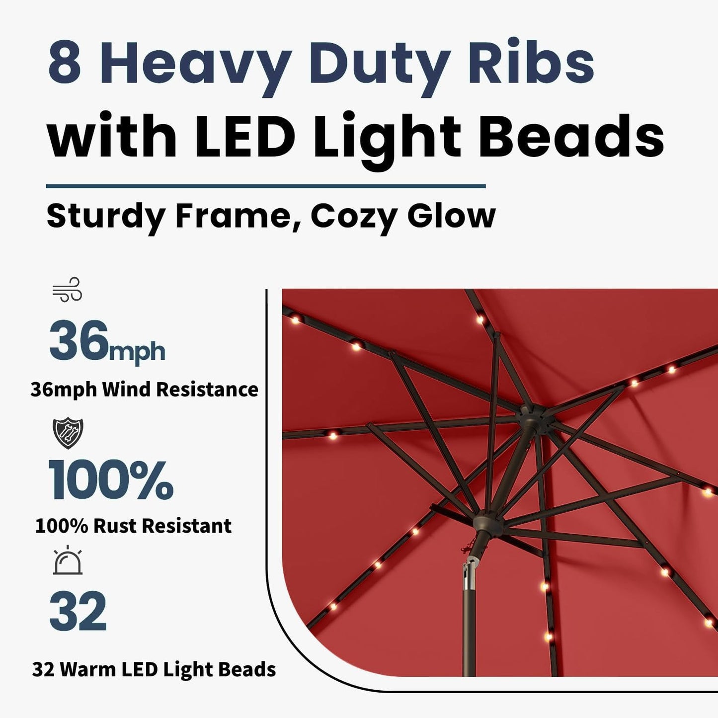 9FT Solar Umbrella 32 LED Lighted Patio Umbrella Table Market Umbrella w/Tilt and Crank, UV-Resistant Outdoor Umbrella for Pool, Garden, Deck, Red