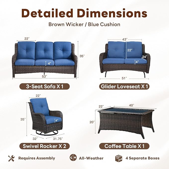 5 Piece Outdoor Patio Furniture Set - Outdoor Conversation Couch and Loveseat Glider Chair Furniture Set with Rattan Coffee Table for Deck Balcony Poolside Brown Wicker/Blue Cushions