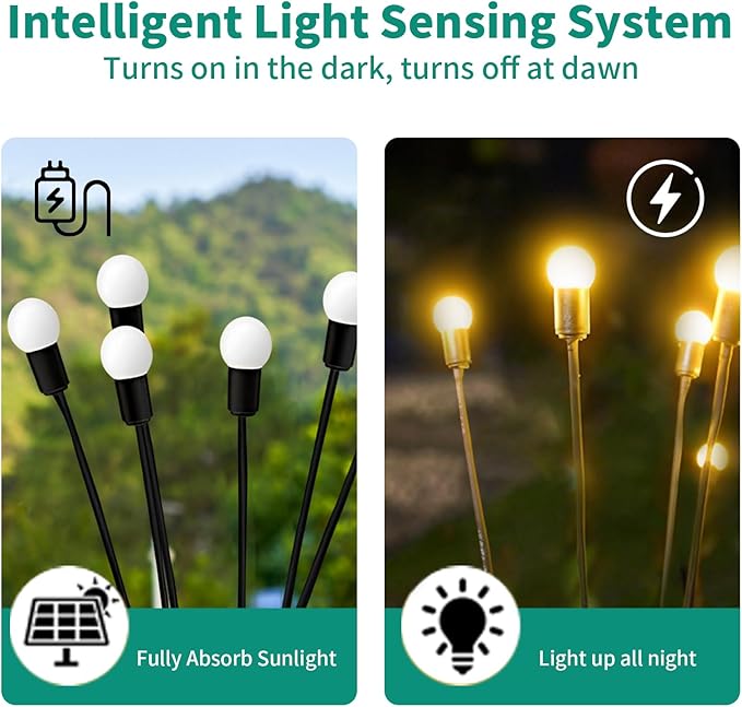 Solar Garden Lights, 4 Pack 32 LED Outdoor Firefly Lights, Waterproof Solar Pathway Lights, Swaying Decorative Solar Lights for Yard, Patio, Pathway, and Garden, Warm White Glow