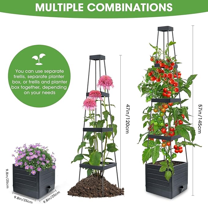 Raised Garden Bed Planter Box with Trellis, 58” Tomato Cage Planter Raised Garden Bed with Trellis for Climbing Vegetables Plants Tomato Cage w/Self-Watering, Indoor Outdoor Use (4)