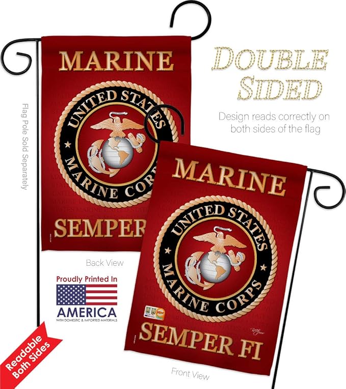 Marine Corps Garden Flag - 2pcs Pack Armed Forces USMC Semper Fi United State American Military Veteran Retire Official - House Decoration Banner Small Yard Gift Double-Sided Made In USA 13 X 18.5