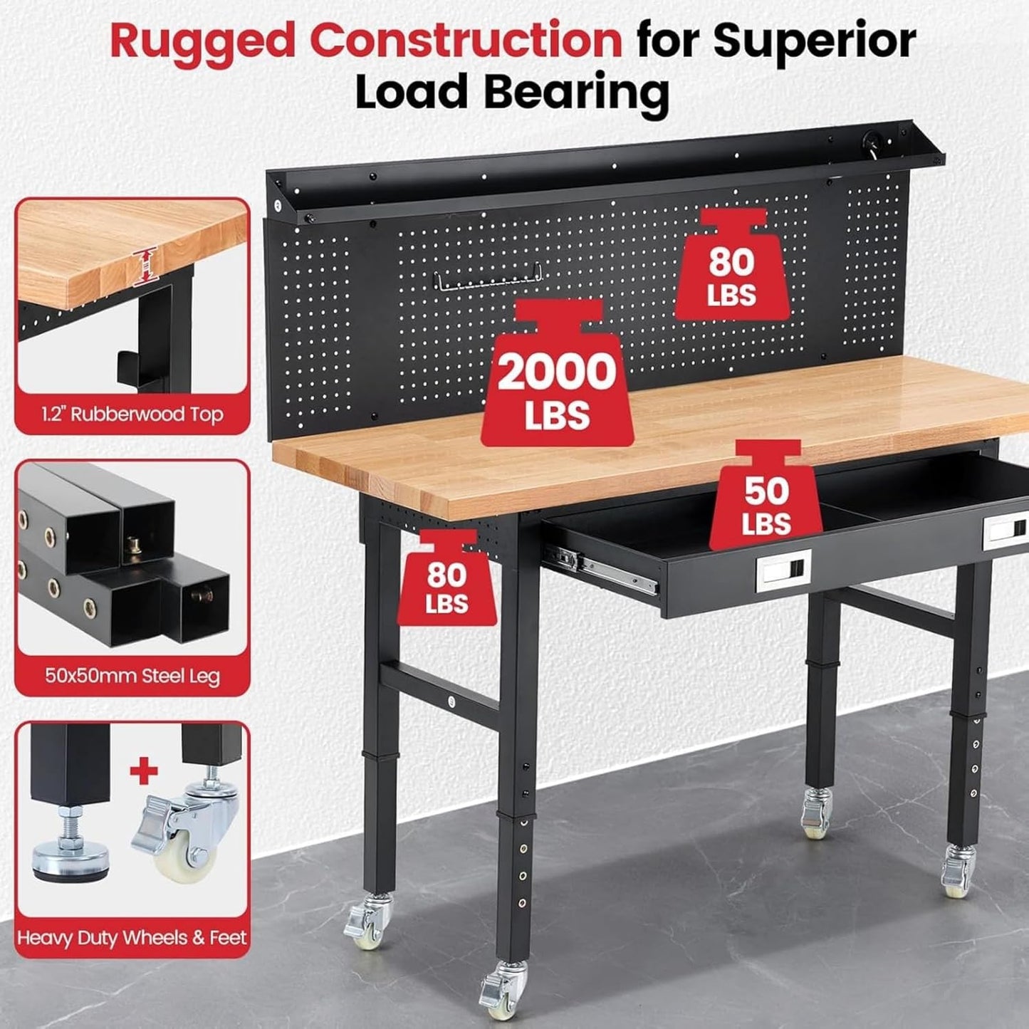 Workbench with Wheels 60 x 22 Inch Adjustable Height Work Table for Garage Heavy Duty Rubberwood Tabletop Work Bench with LED, Drawers, Pegboard, Power Outlets for Office Home Commercial
