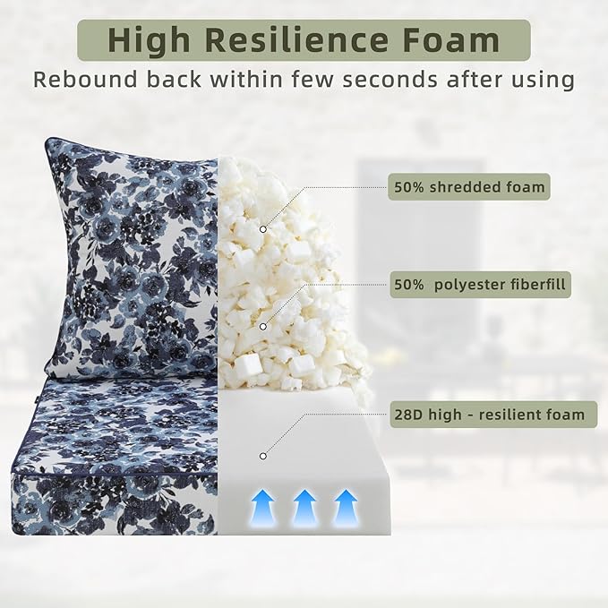Favoyard Outdoor Seat Cushion 22 x 22 x 3 in Waterproof Pattern Fade Resistant Cover Removable Patio Furniture Cushions Deep Seat & Back Cushion Set with Adjustable Straps for Patio Chair Sofa Couch