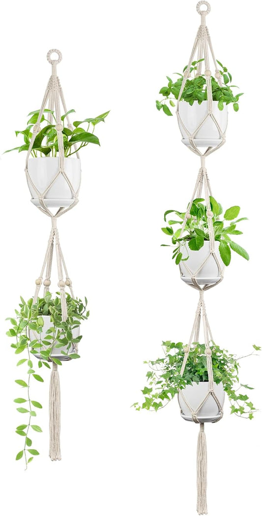 2 Pack Macrame Plant Hanger (49"&72"), Fits 4-8" Pots, 2 Tier+3 Tier Indoor Outdoor Hanging Planter Basket Flower Pot Holder, Boho Home Decor, Ivory (POTS NOT Included)
