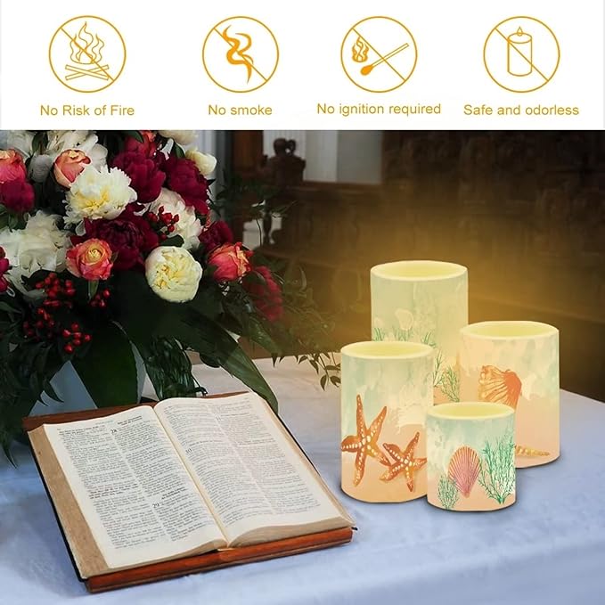 Beach Flameless Candles Battery Powered with Multicolor Timer Remote Control Everlasting Fake Candles for Coastal Marine Garden Indoor Outdoor Decor, Starfish Seashell Coral