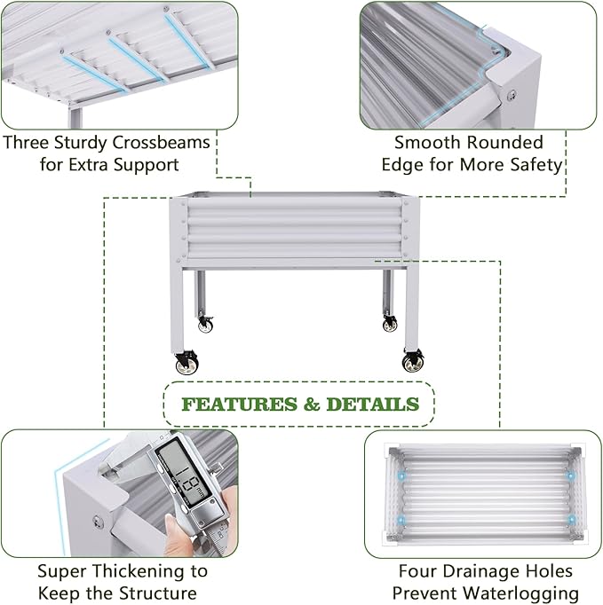 A ANLEOLIFE 4-Set Galvanized Raised Garden Bed with Legs,48x24x35in Large Elevated Planter Box on Wheels with Drainage Holes for Backyard, Balcony, Patio, 600lb Capacity, Antique White