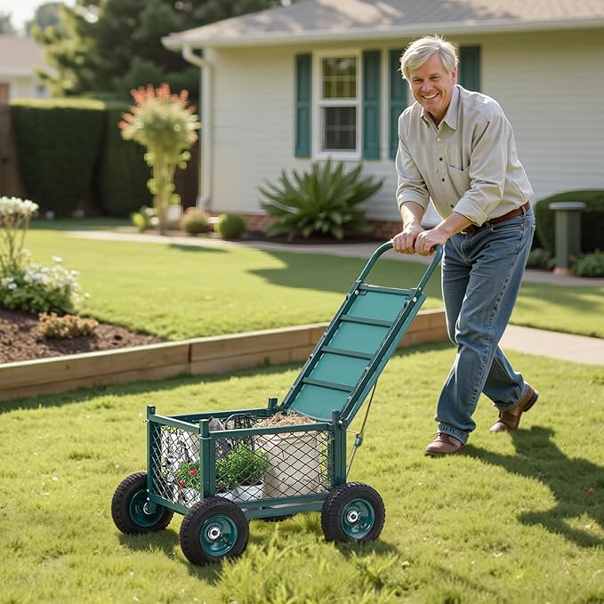 VEVOR Rolling Garden Cart with Seat, Metal Rolling Garden Work Seat with Wheels, Supports up to 400 LBS, Heavy Duty Gardening Cart Scooter, Outdoor Wagon & Stool on Wheels for Lawn, Patio, Backyard