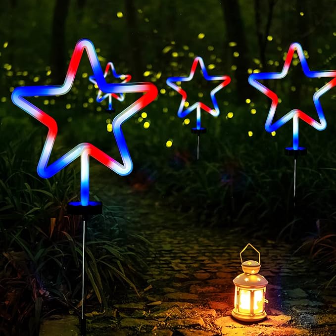 BlcTec 4th of July Decorations, 4PCS Red White and Blue Lights with Stainless Steel Stakes, 4 Big LED Neon Stars Patriotic Lights with Waterproof for Independence Day Garden Yard Lawn Decor, Plug in