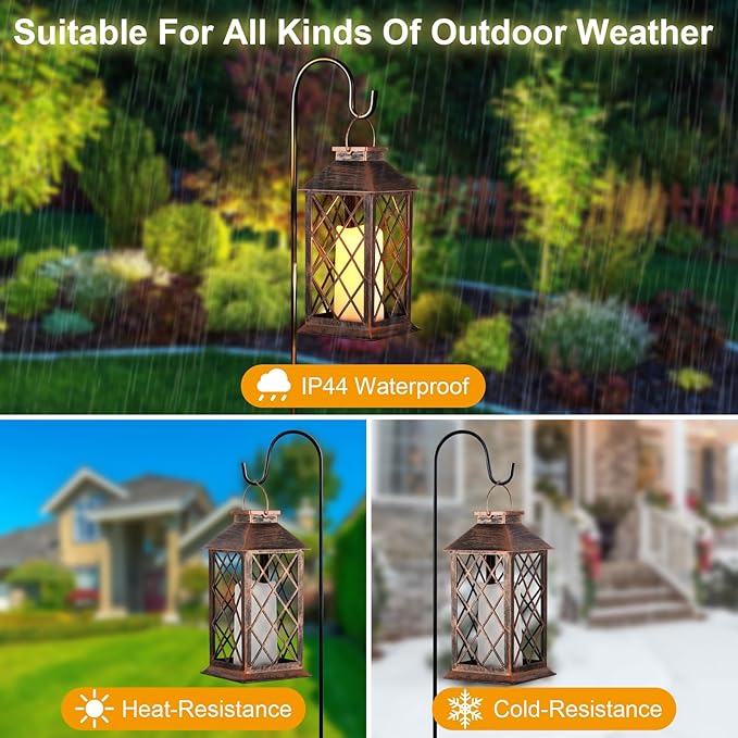 2 Pack Solar Lantern Outdoor Waterproof Garden Decor Hanging Lanterns Birthday Gifts for Women Mom 11" LED Flickering Flameless Candle Christmas Table Lights for Yard, Patio, Porch, Backyard