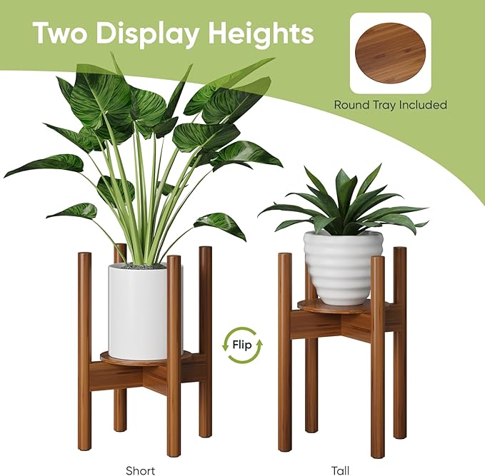 Adjustable Plant Stand, Bamboo Plant Stand Indoor with Tray, Wood Plant Stand for 8 to 12 inches Flower Pots, Single Mid Century Modern Plant Stand for Indoor Plants, Walnut