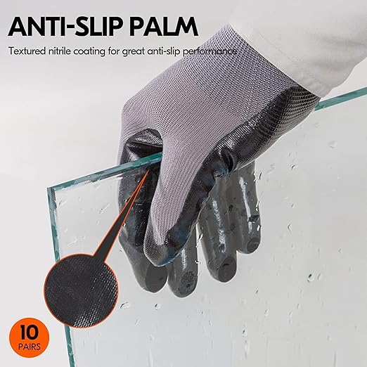 Vgo... 10-Pairs Safety Work Gloves, Gardening Gloves, Non-slip Nitrile coating, Dipping Gloves (Size M, Gray, NT2110)