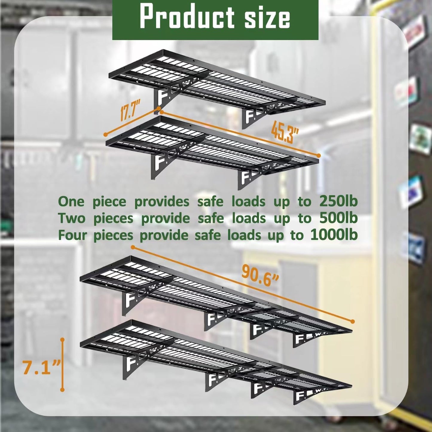 2 Pack Garage Wall Shelving, Heavy Duty 1.5' x 3.8' Wall Mount Storage Shelf with Hooks, Garage Storage Rack Floating Shelves, Holds 250 lbs Each